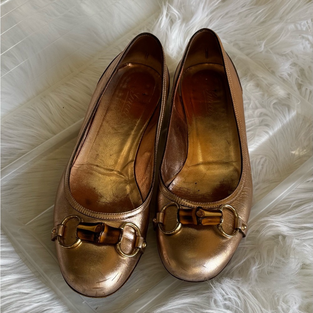 Gucci Gold Women's Flats with Bamboo Detail